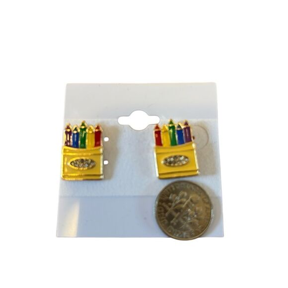 Colorful Gold Tone Crayon Box Post Earrings. - Picture 6 of 6